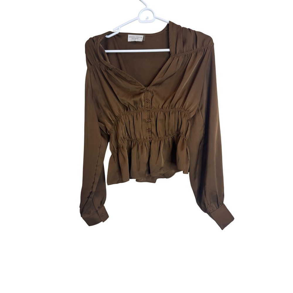 Dress Forum Blouse‎ Womens Small Brown Smocked Peplum Cropped Top Long Sleeve